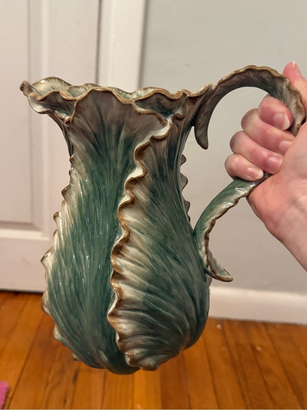 Vintage Fitz & Floyd Classics Cabbage Leaf Pitcher Green Majolica Style Vase - Picture 6 of 7
